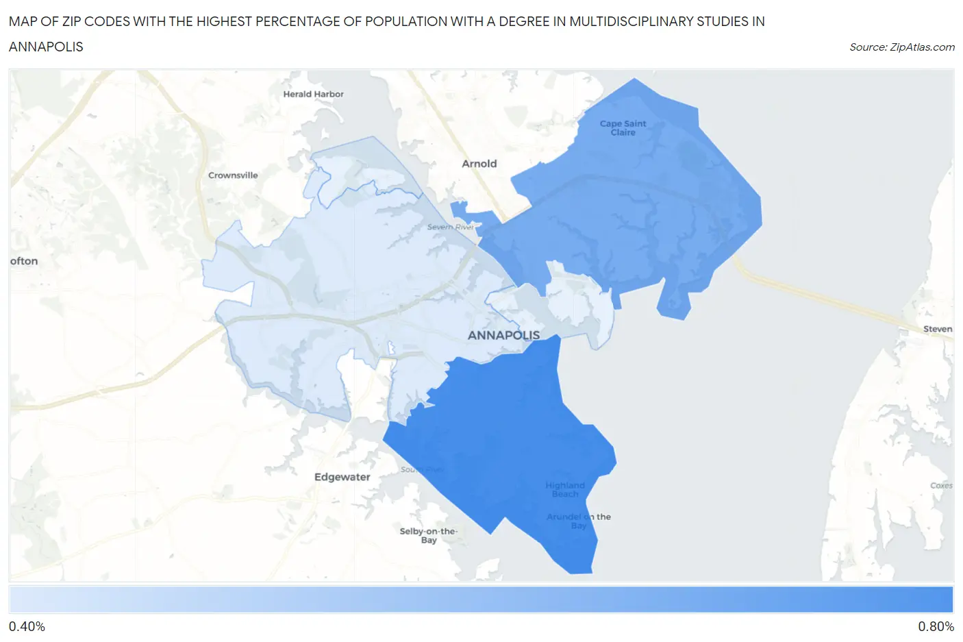 Zip Codes with the Highest Percentage of Population with a Degree in Multidisciplinary Studies in Annapolis Map