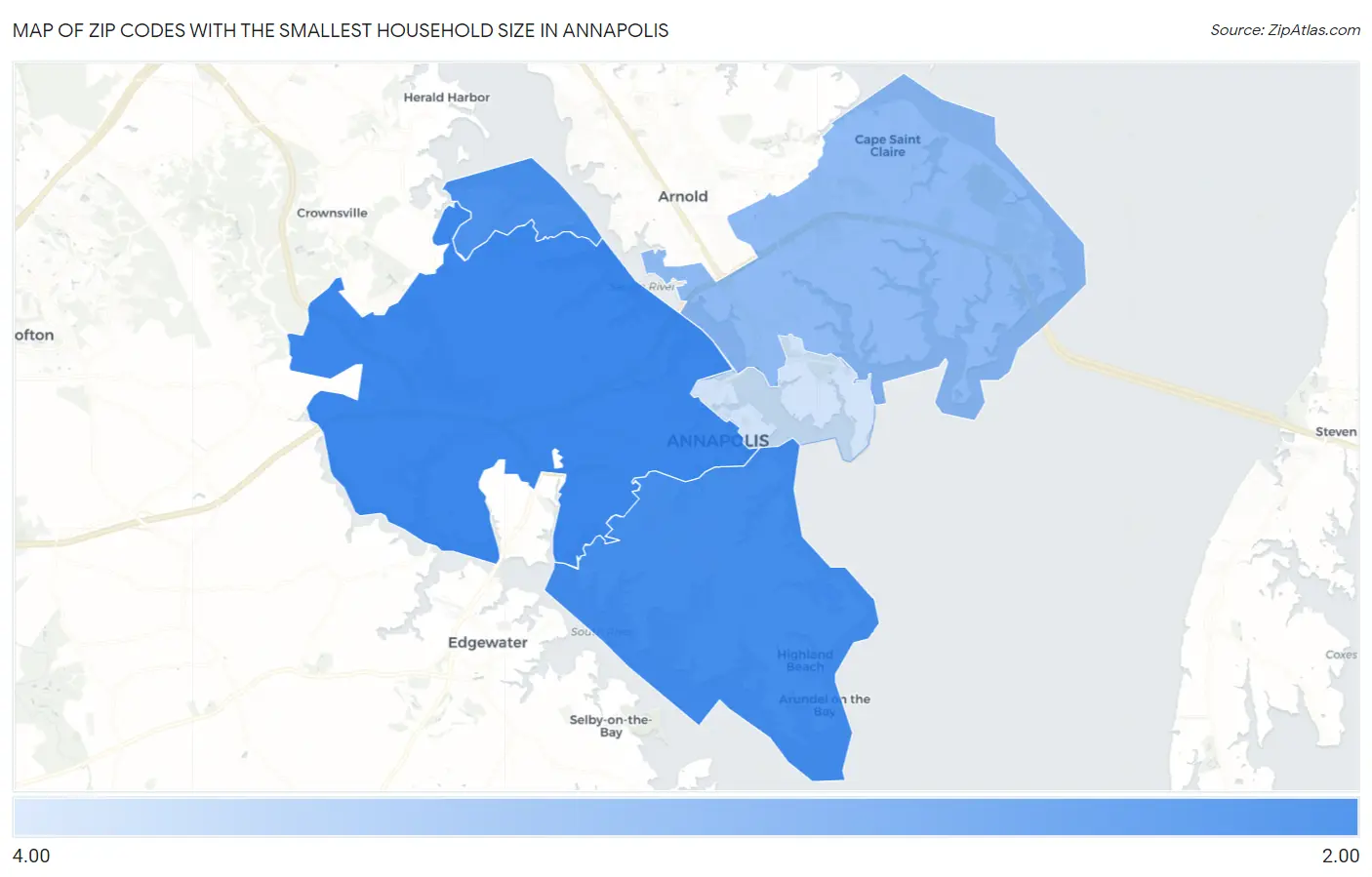 Zip Codes with the Smallest Household Size in Annapolis Map