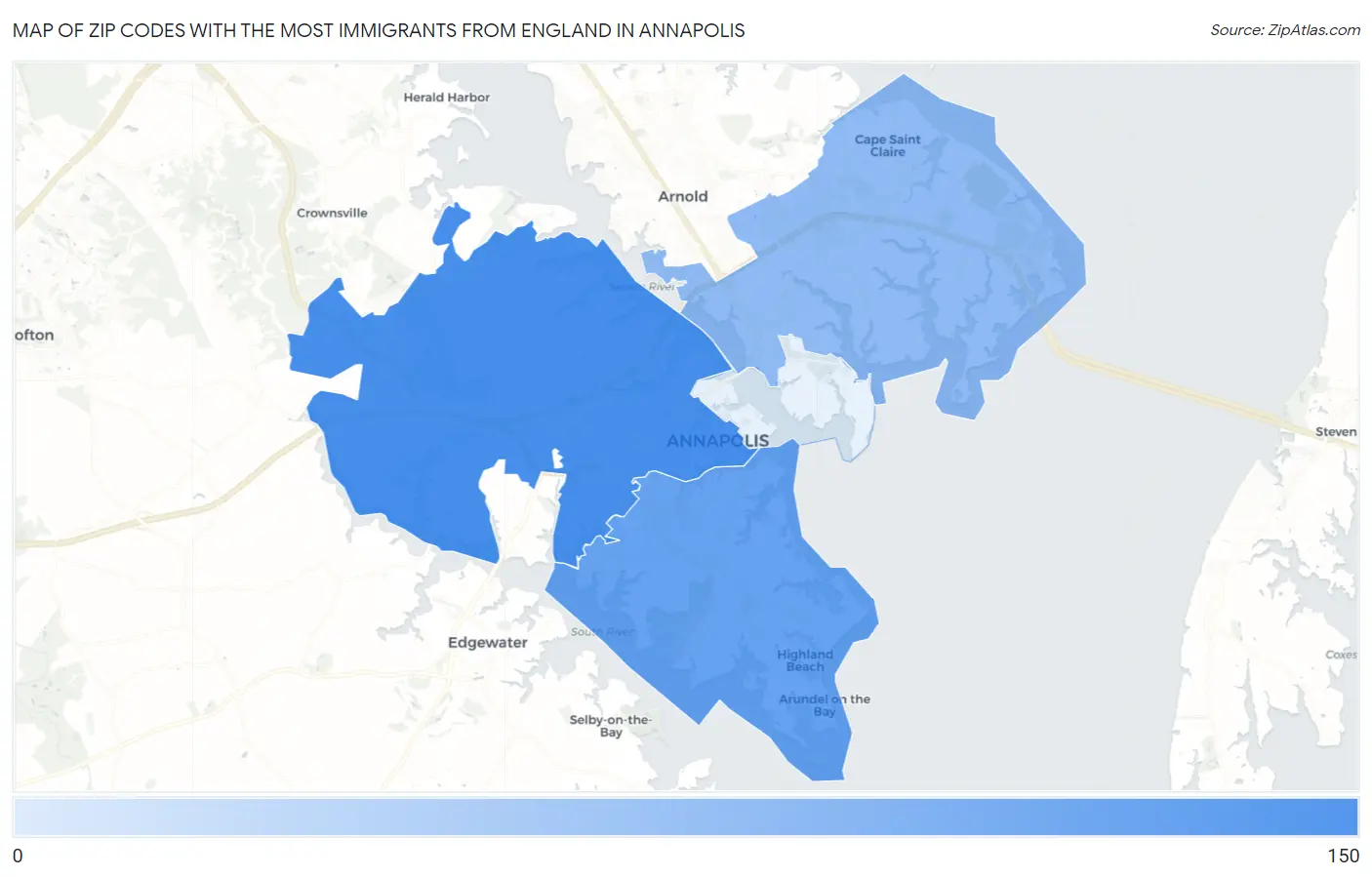Zip Codes with the Most Immigrants from England in Annapolis Map
