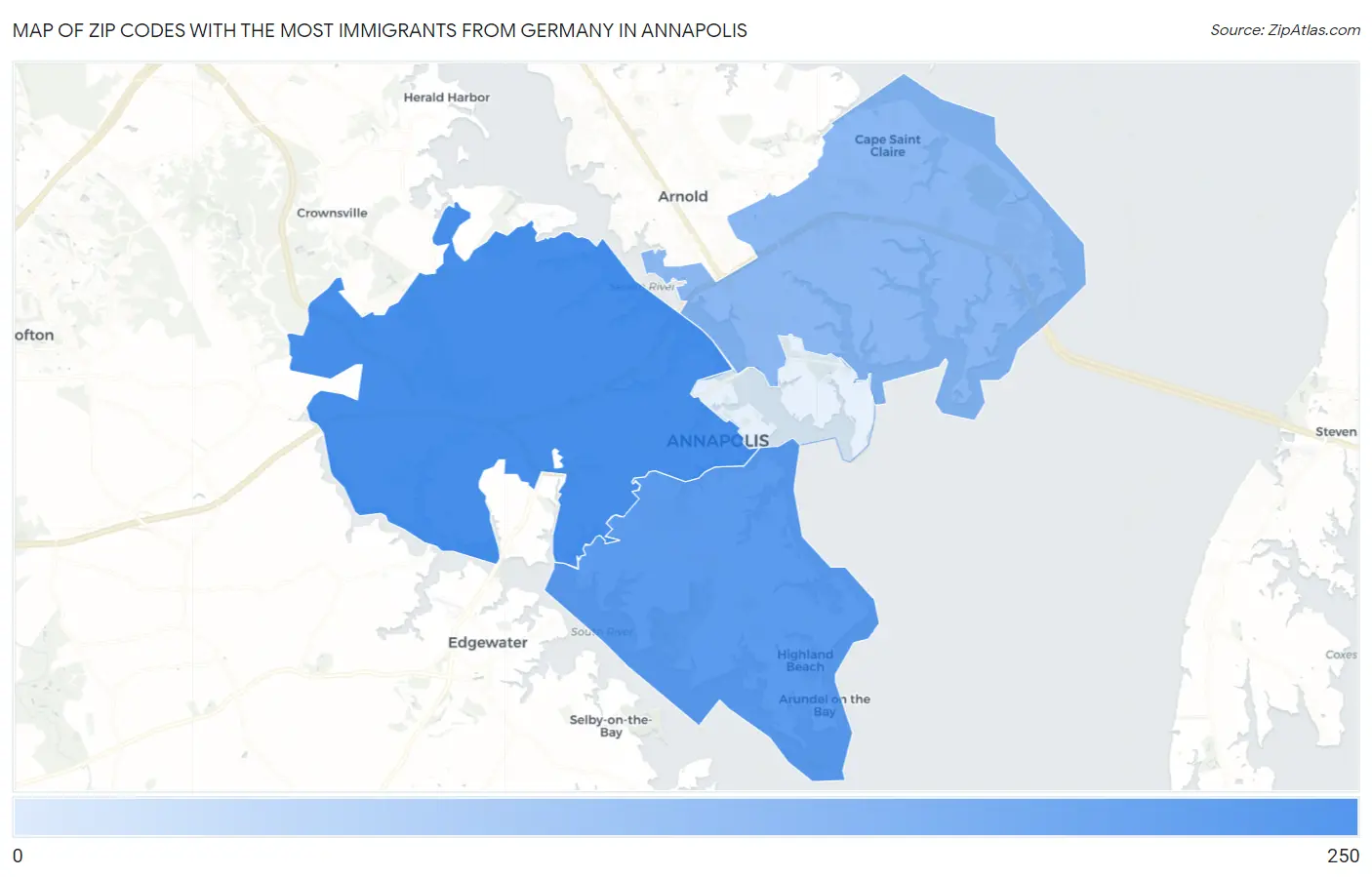 Zip Codes with the Most Immigrants from Germany in Annapolis Map