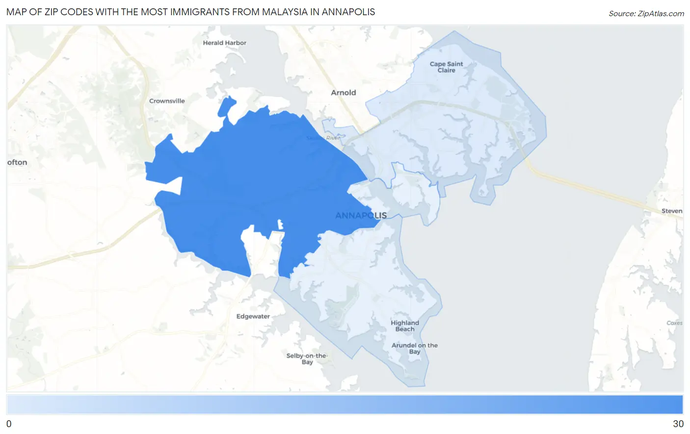 Zip Codes with the Most Immigrants from Malaysia in Annapolis Map