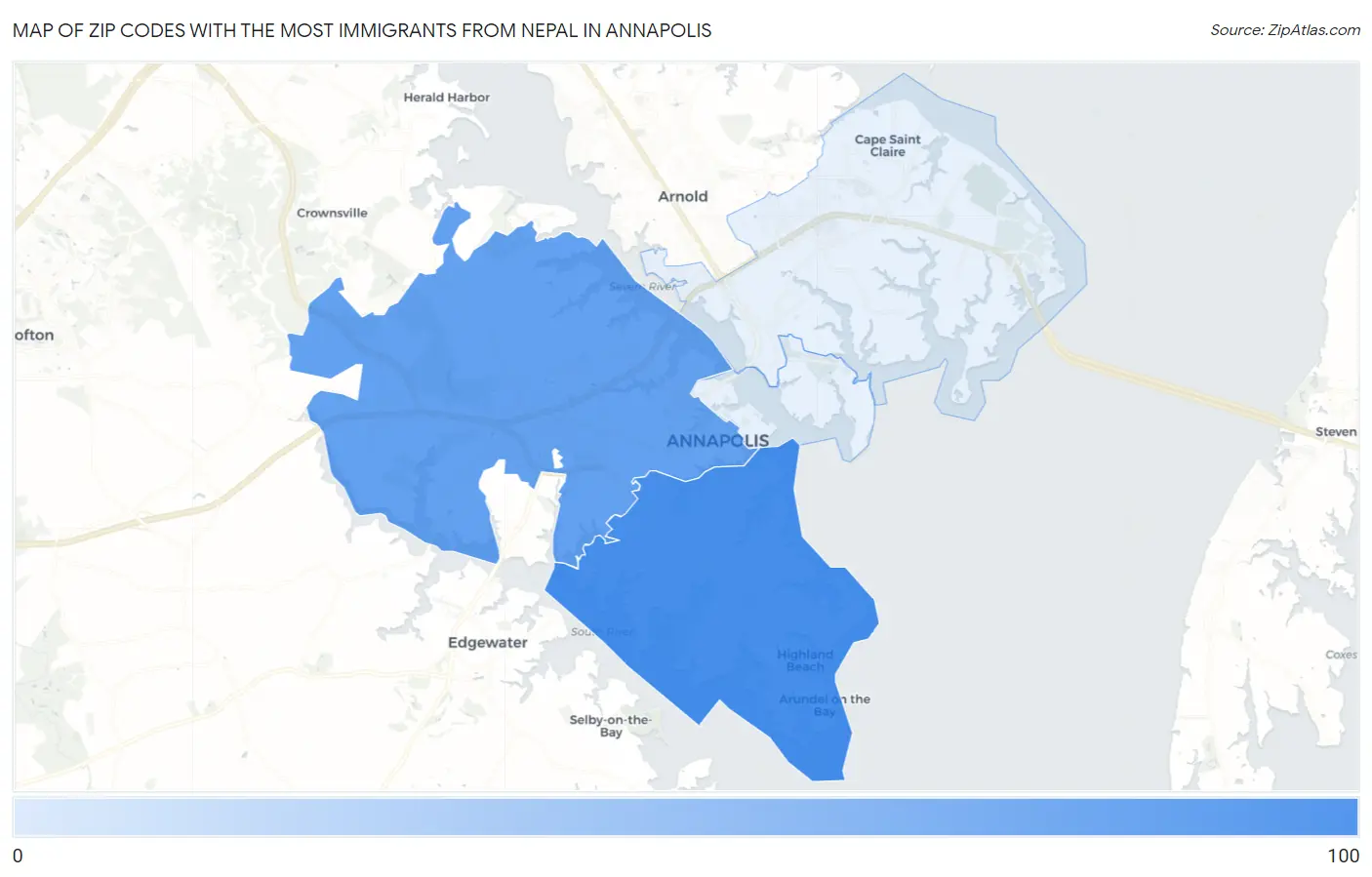 Zip Codes with the Most Immigrants from Nepal in Annapolis Map