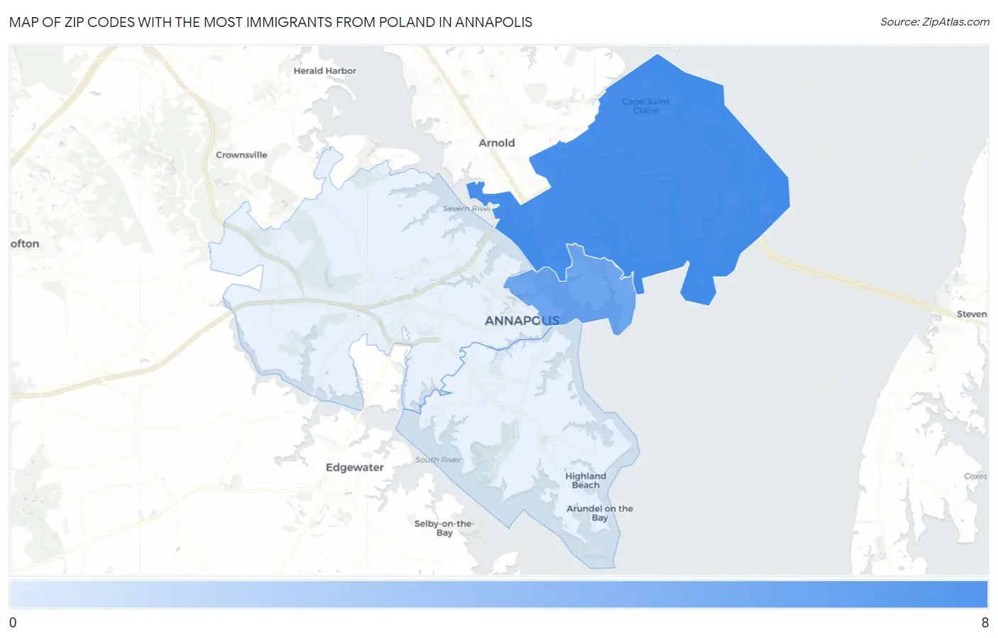 Zip Codes with the Most Immigrants from Poland in Annapolis Map