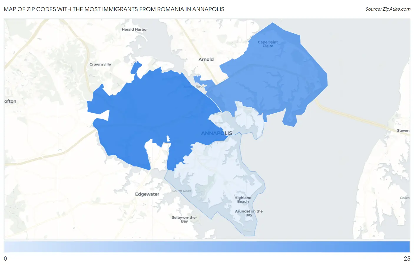Zip Codes with the Most Immigrants from Romania in Annapolis Map