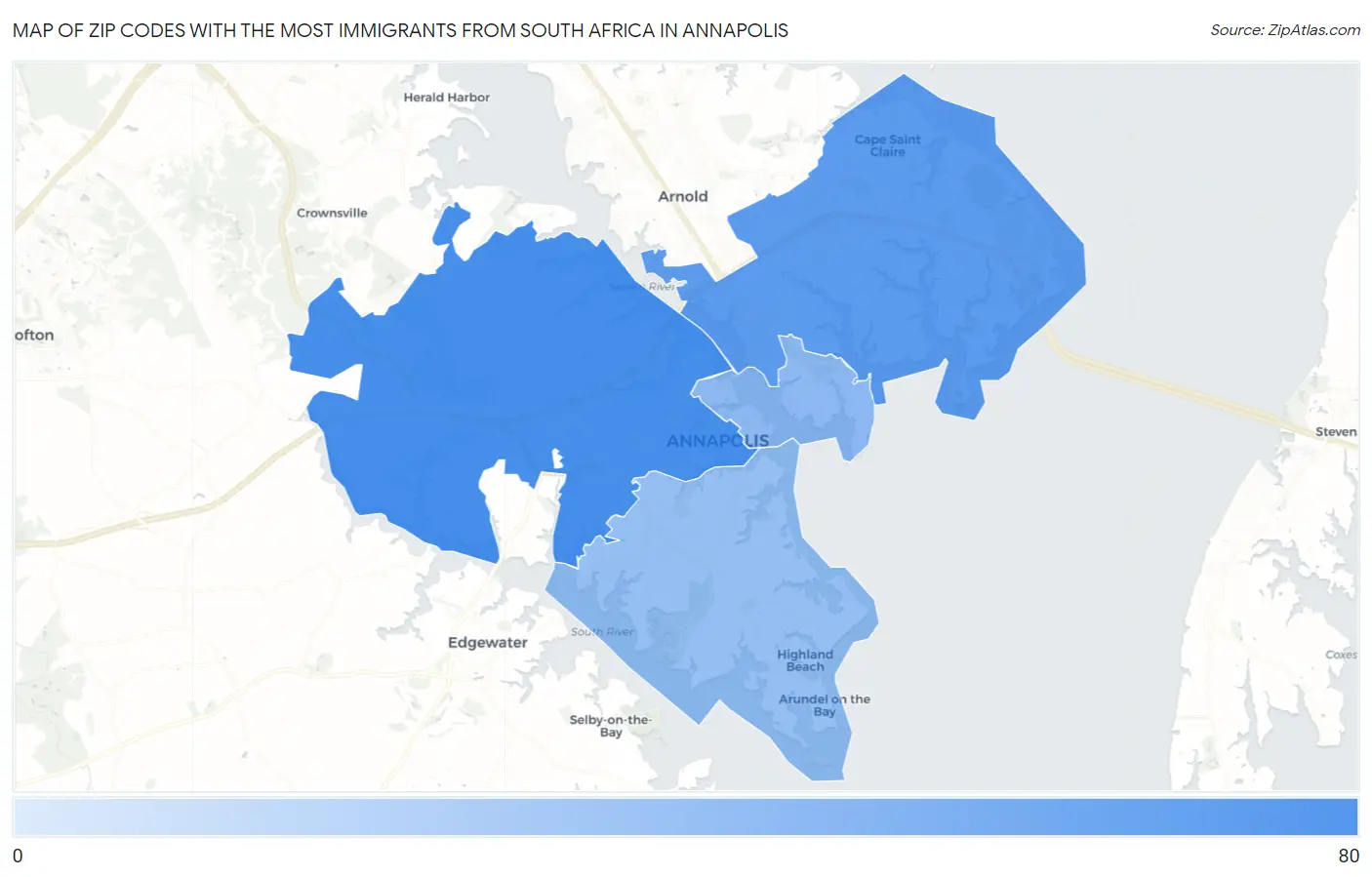 Zip Codes with the Most Immigrants from South Africa in Annapolis Map