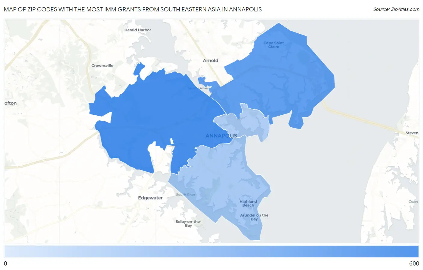 Zip Codes with the Most Immigrants from South Eastern Asia in Annapolis Map