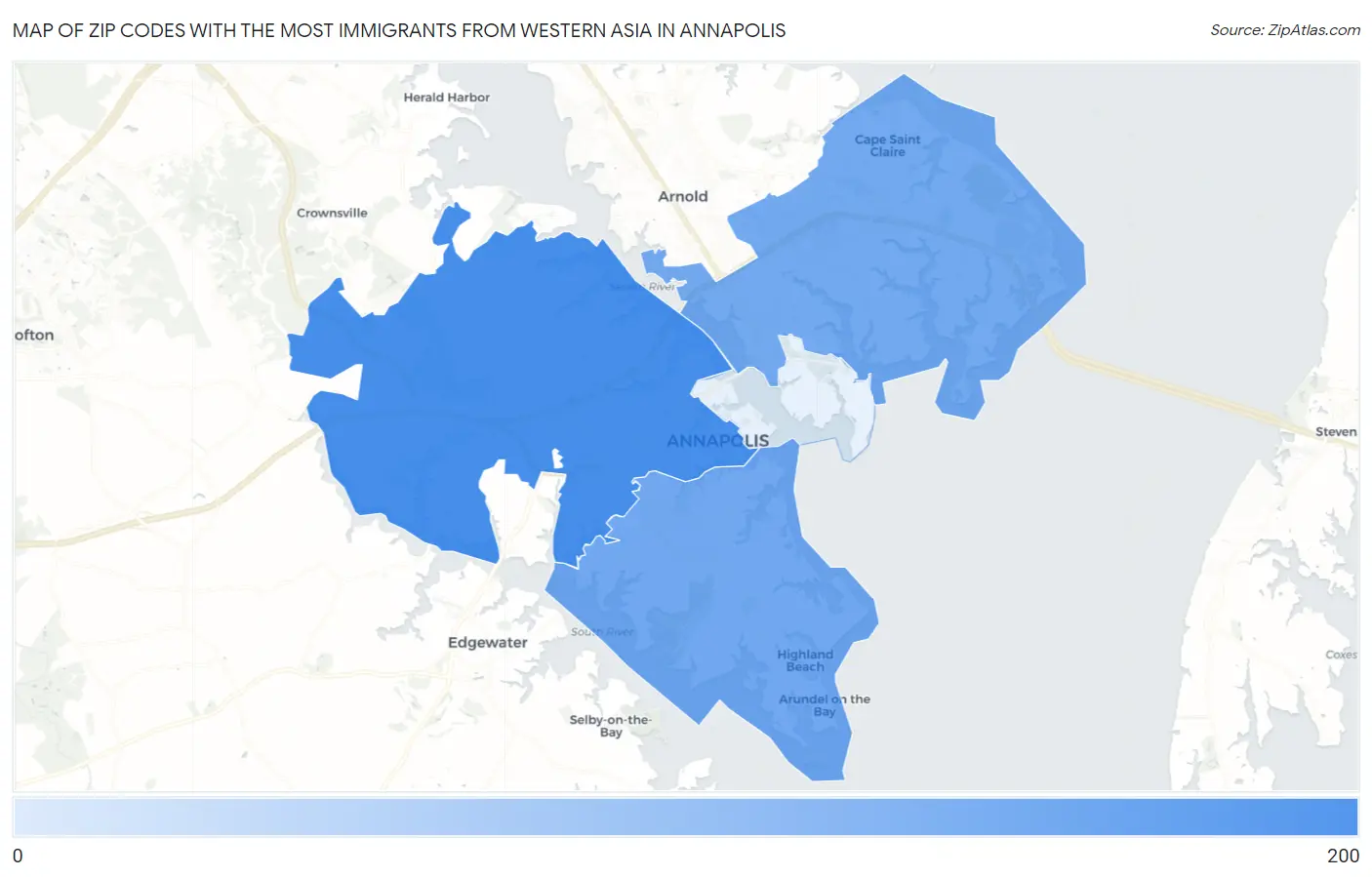 Zip Codes with the Most Immigrants from Western Asia in Annapolis Map