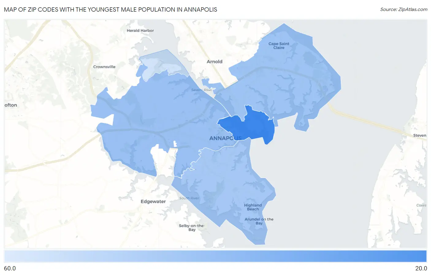 Zip Codes with the Youngest Male Population in Annapolis Map