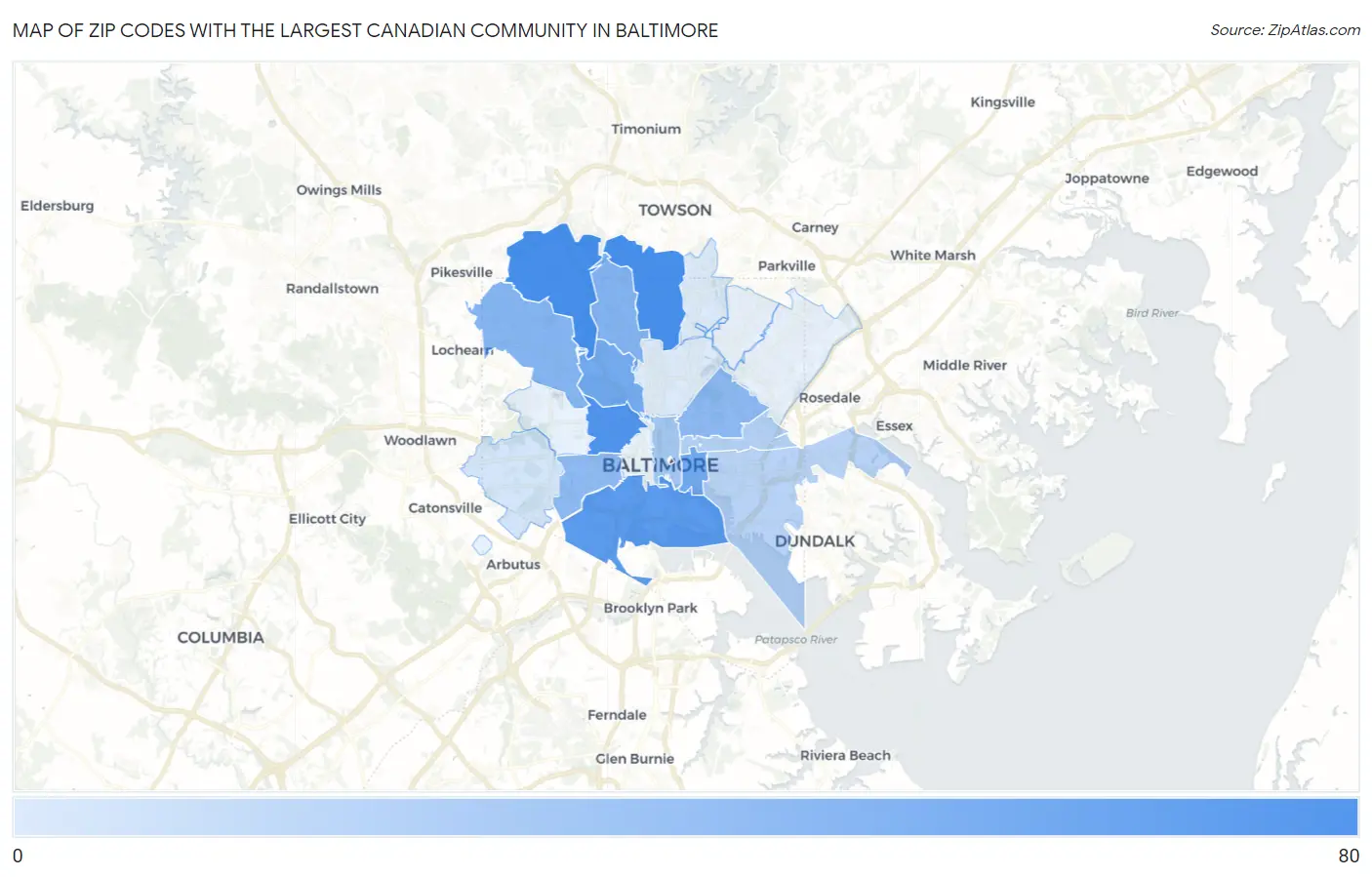 Zip Codes with the Largest Canadian Community in Baltimore Map