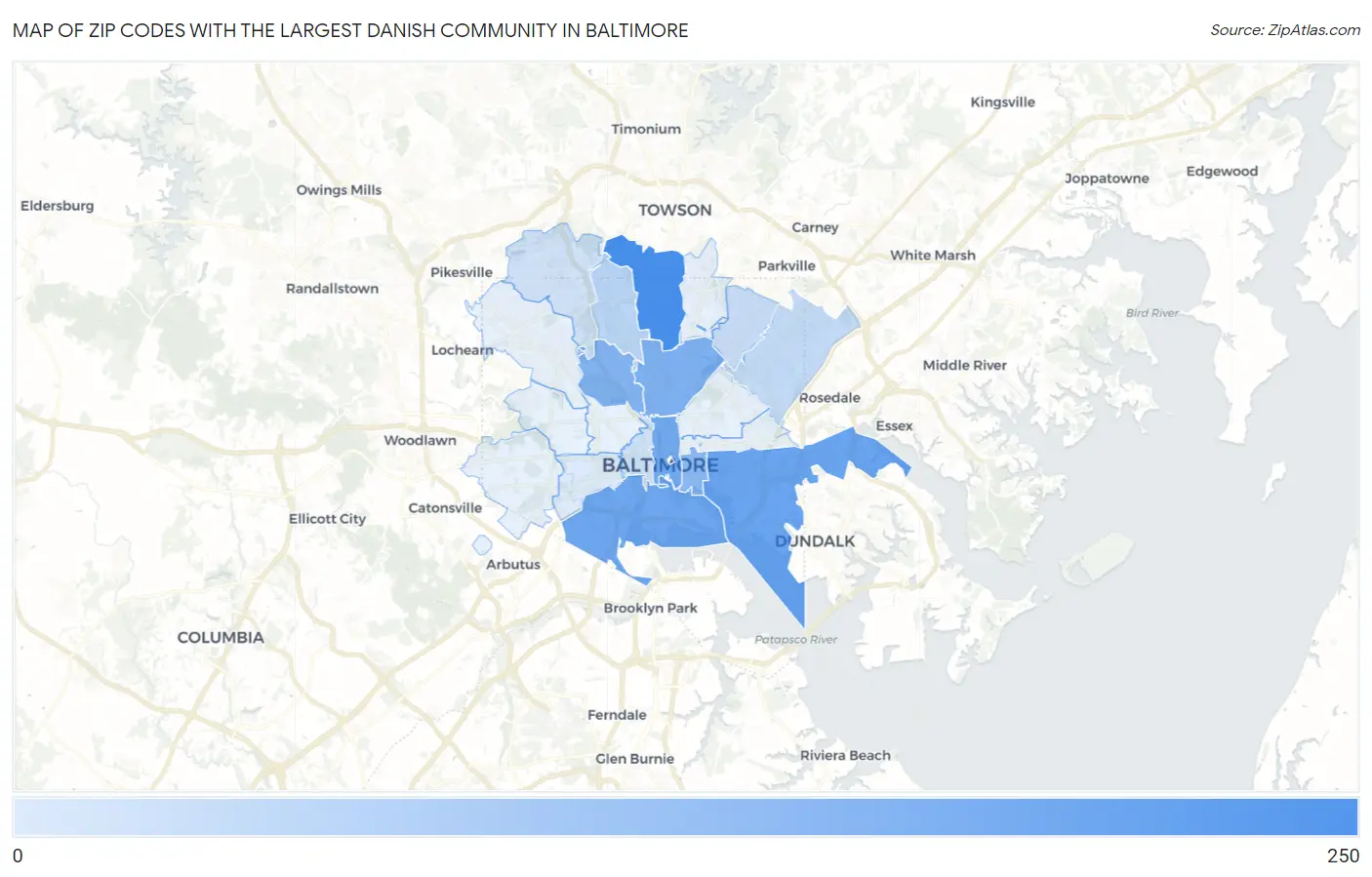 Zip Codes with the Largest Danish Community in Baltimore Map
