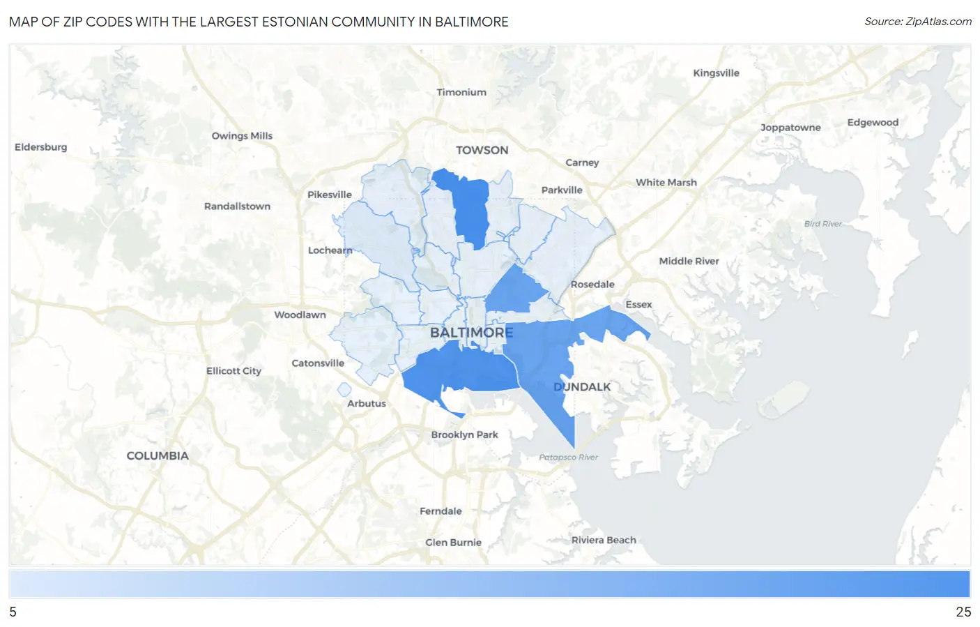 Zip Codes with the Largest Estonian Community in Baltimore Map