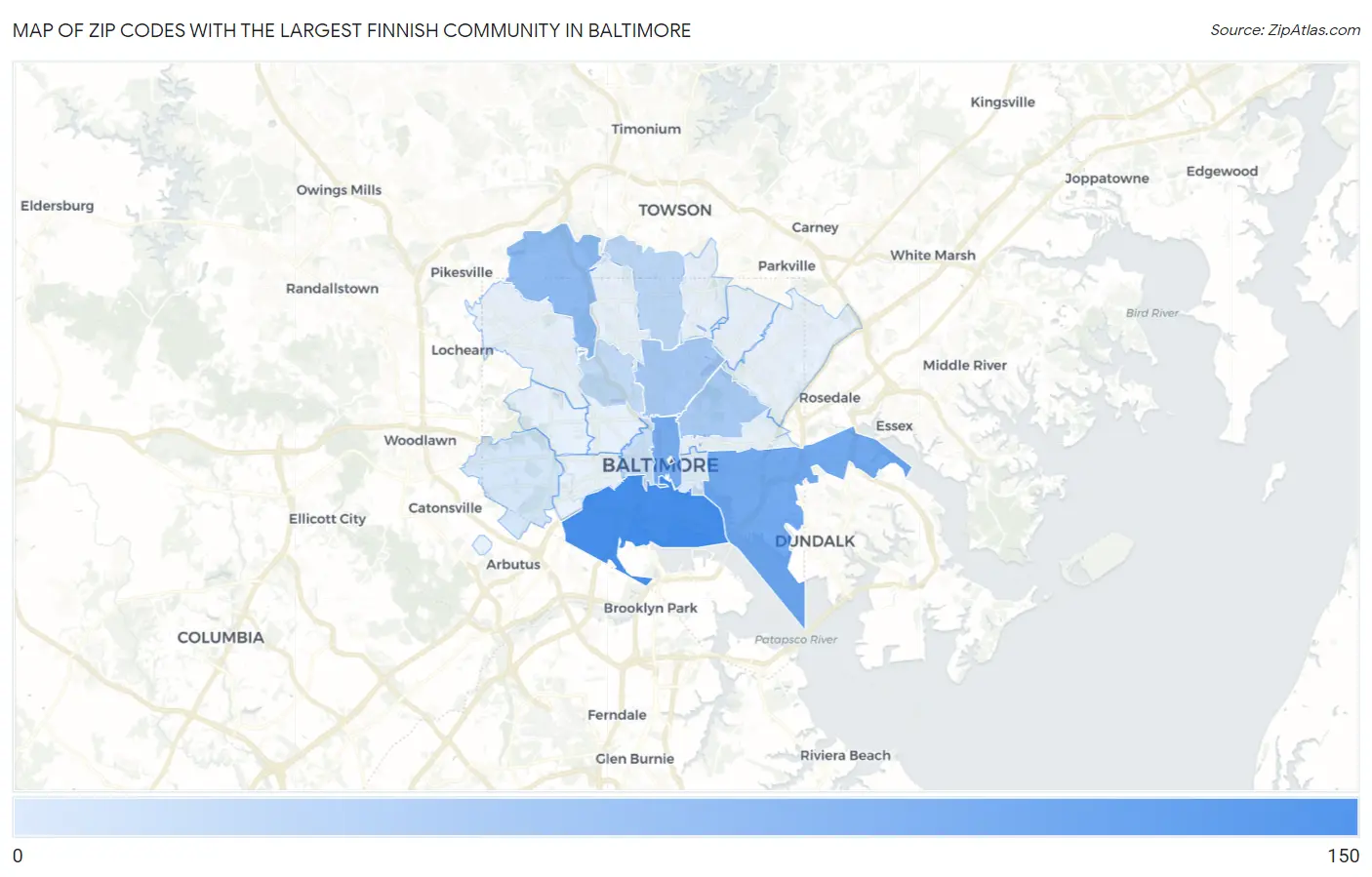 Zip Codes with the Largest Finnish Community in Baltimore Map