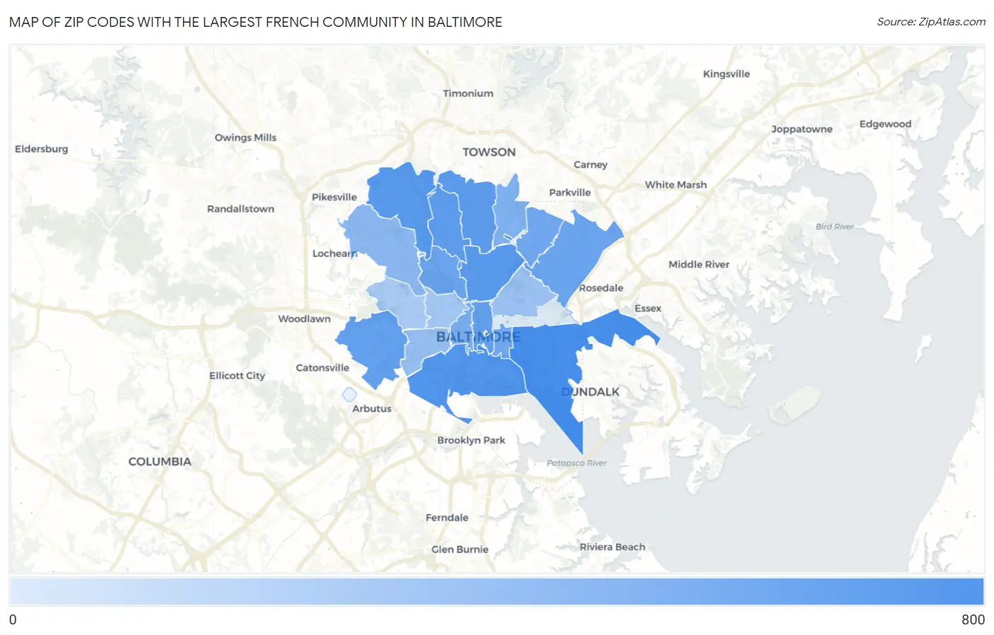 Zip Codes with the Largest French Community in Baltimore Map