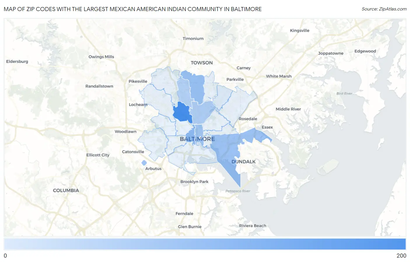 Zip Codes with the Largest Mexican American Indian Community in Baltimore Map