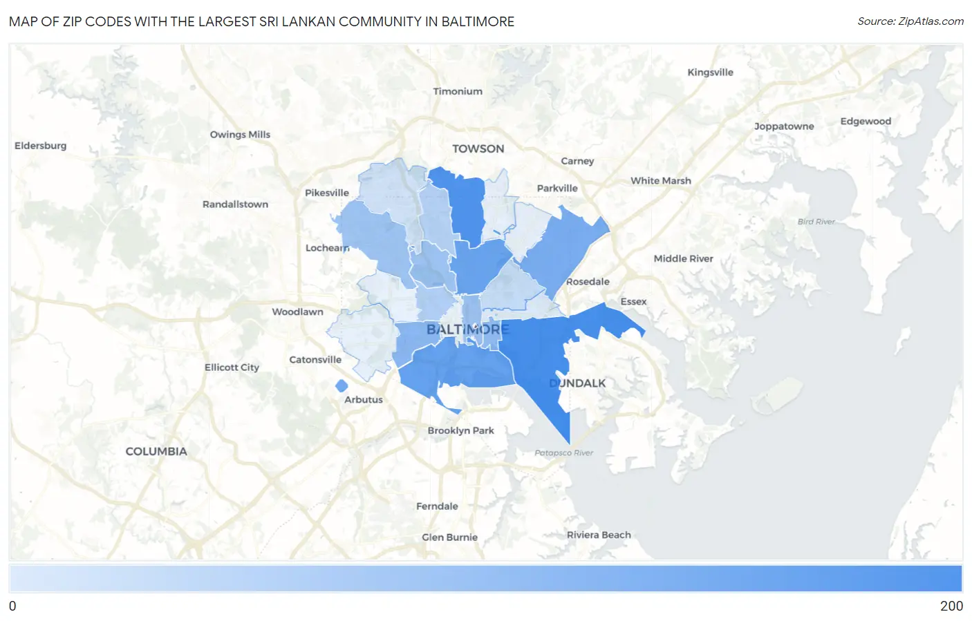 Zip Codes with the Largest Sri Lankan Community in Baltimore Map