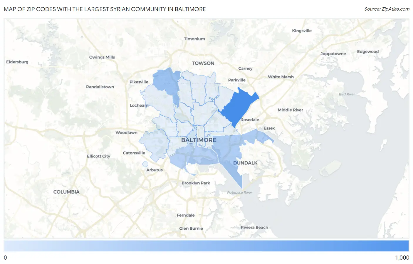 Zip Codes with the Largest Syrian Community in Baltimore Map