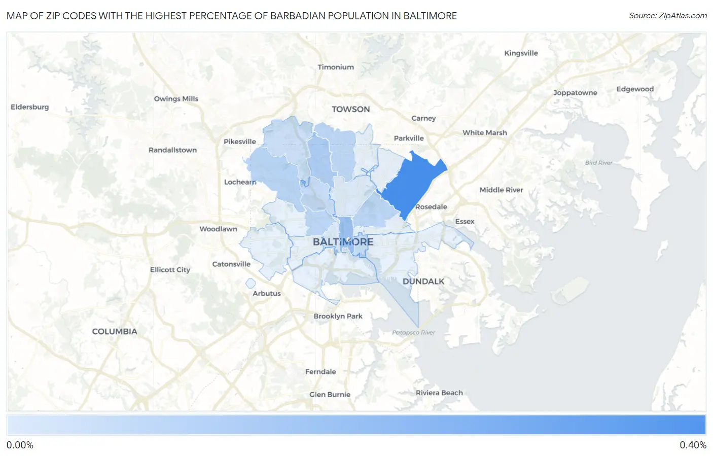 Zip Codes with the Highest Percentage of Barbadian Population in Baltimore Map