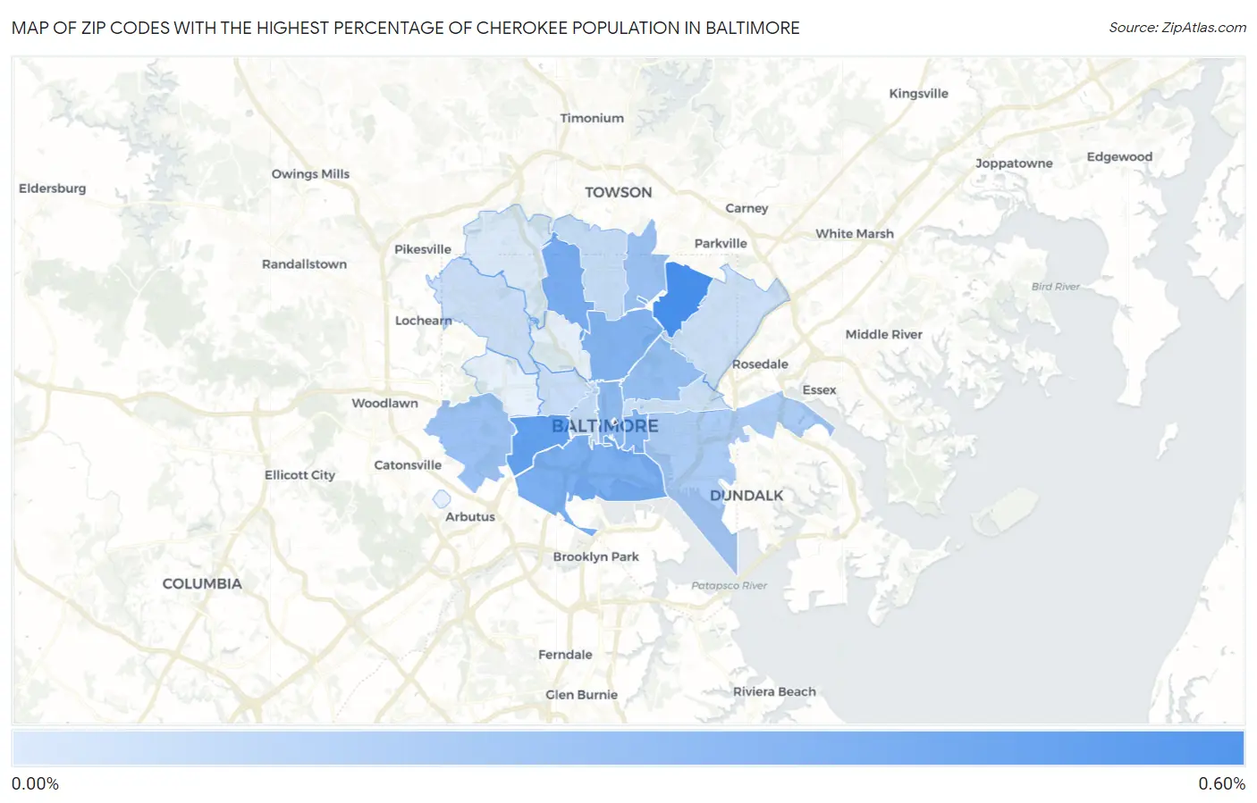 Zip Codes with the Highest Percentage of Cherokee Population in Baltimore Map