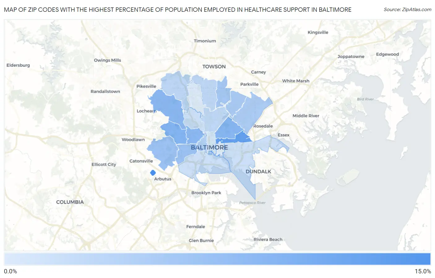 Zip Codes with the Highest Percentage of Population Employed in Healthcare Support in Baltimore Map