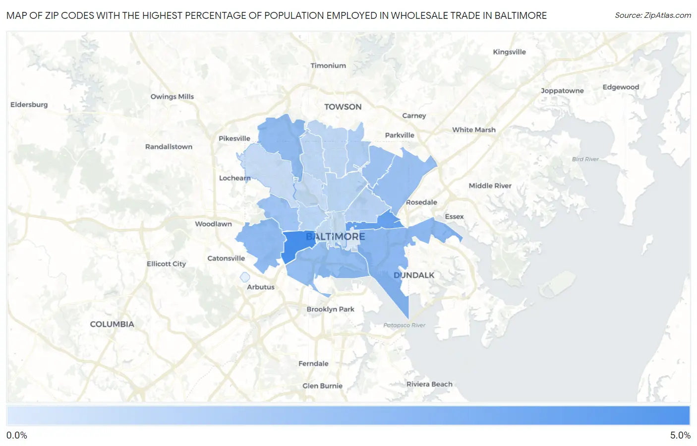 Zip Codes with the Highest Percentage of Population Employed in Wholesale Trade in Baltimore Map