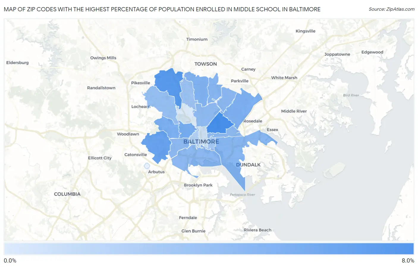 Zip Codes with the Highest Percentage of Population Enrolled in Middle School in Baltimore Map