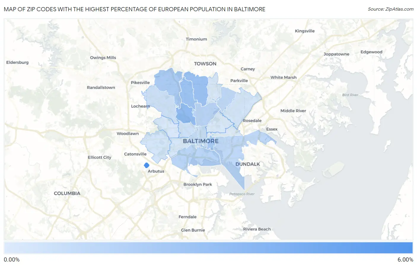 Zip Codes with the Highest Percentage of European Population in Baltimore Map