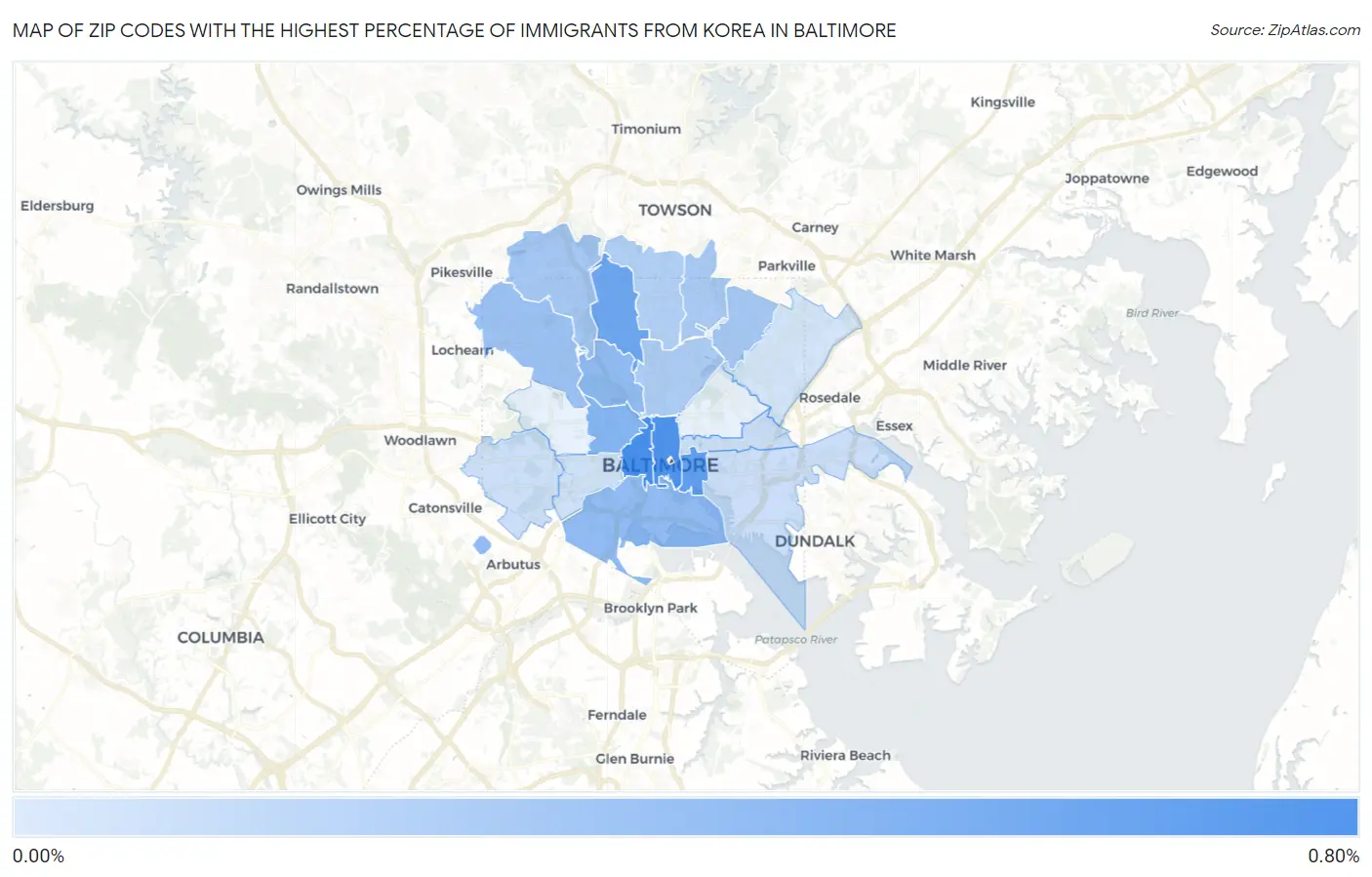 Zip Codes with the Highest Percentage of Immigrants from Korea in Baltimore Map