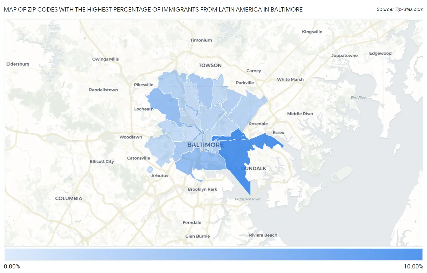 Zip Codes with the Highest Percentage of Immigrants from Latin America in Baltimore Map