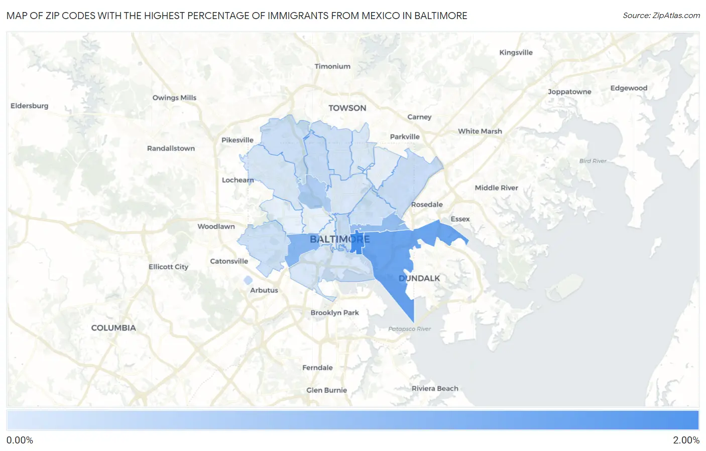 Zip Codes with the Highest Percentage of Immigrants from Mexico in Baltimore Map