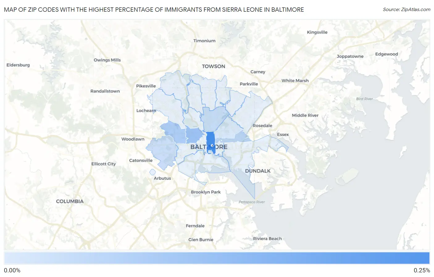 Zip Codes with the Highest Percentage of Immigrants from Sierra Leone in Baltimore Map