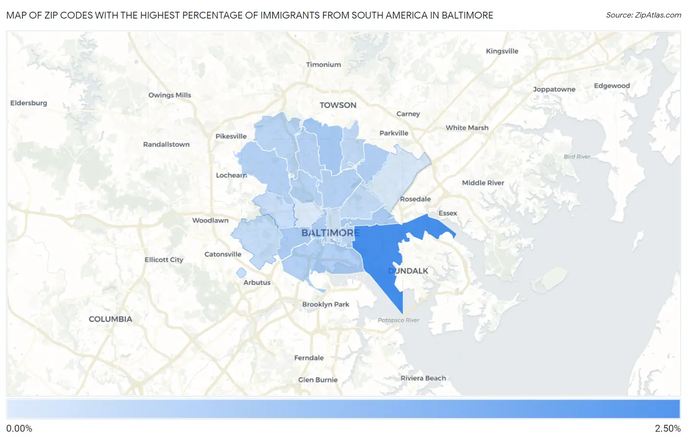 Zip Codes with the Highest Percentage of Immigrants from South America in Baltimore Map