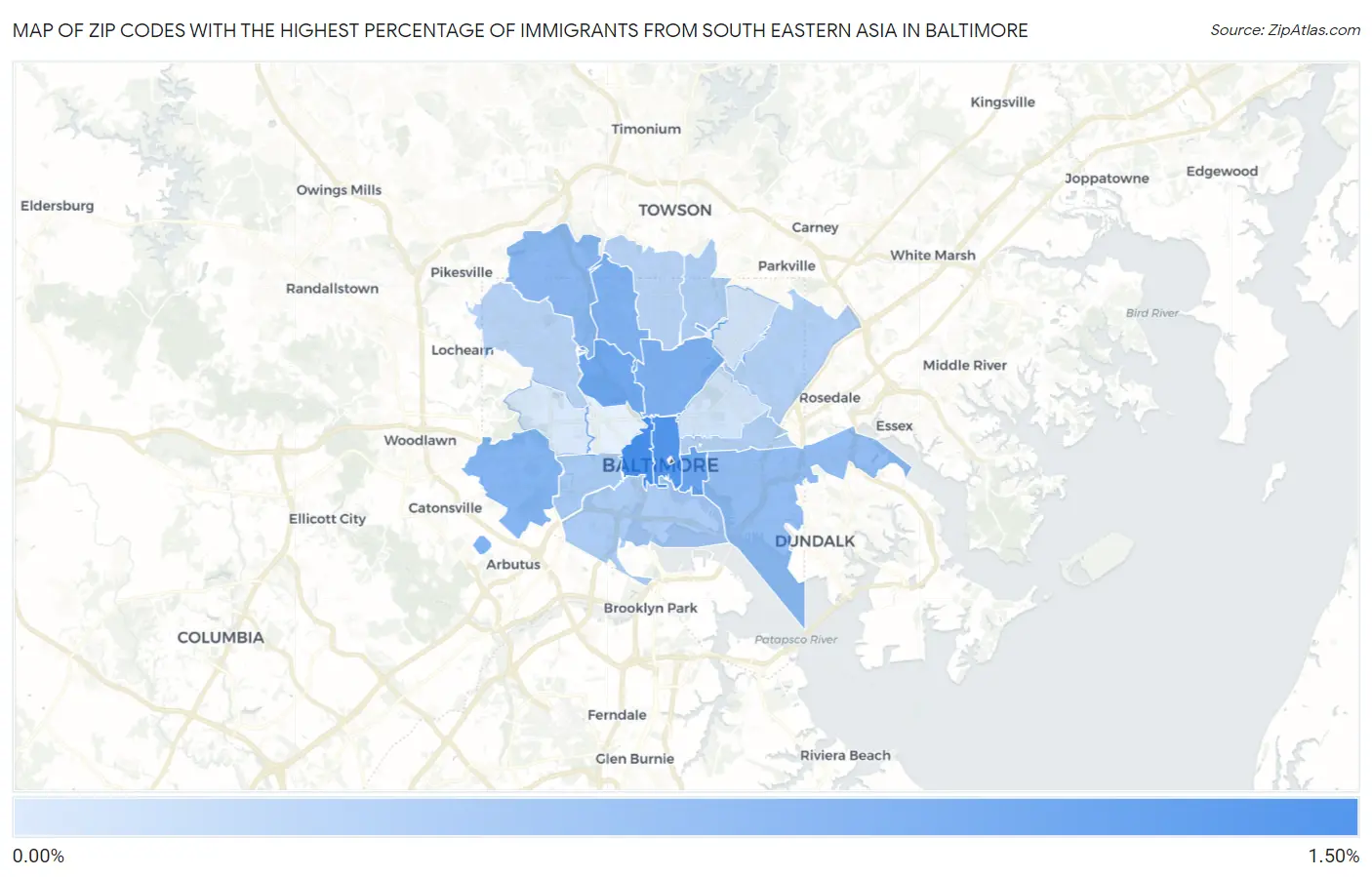 Zip Codes with the Highest Percentage of Immigrants from South Eastern Asia in Baltimore Map