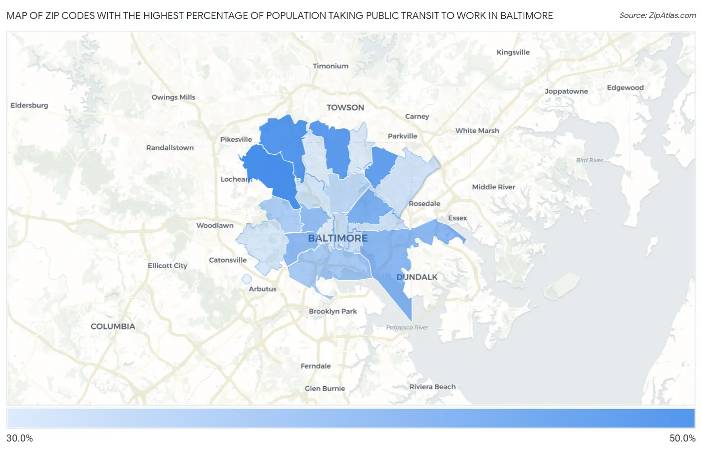 Zip Codes with the Highest Percentage of Population Taking Public Transit to Work in Baltimore Map
