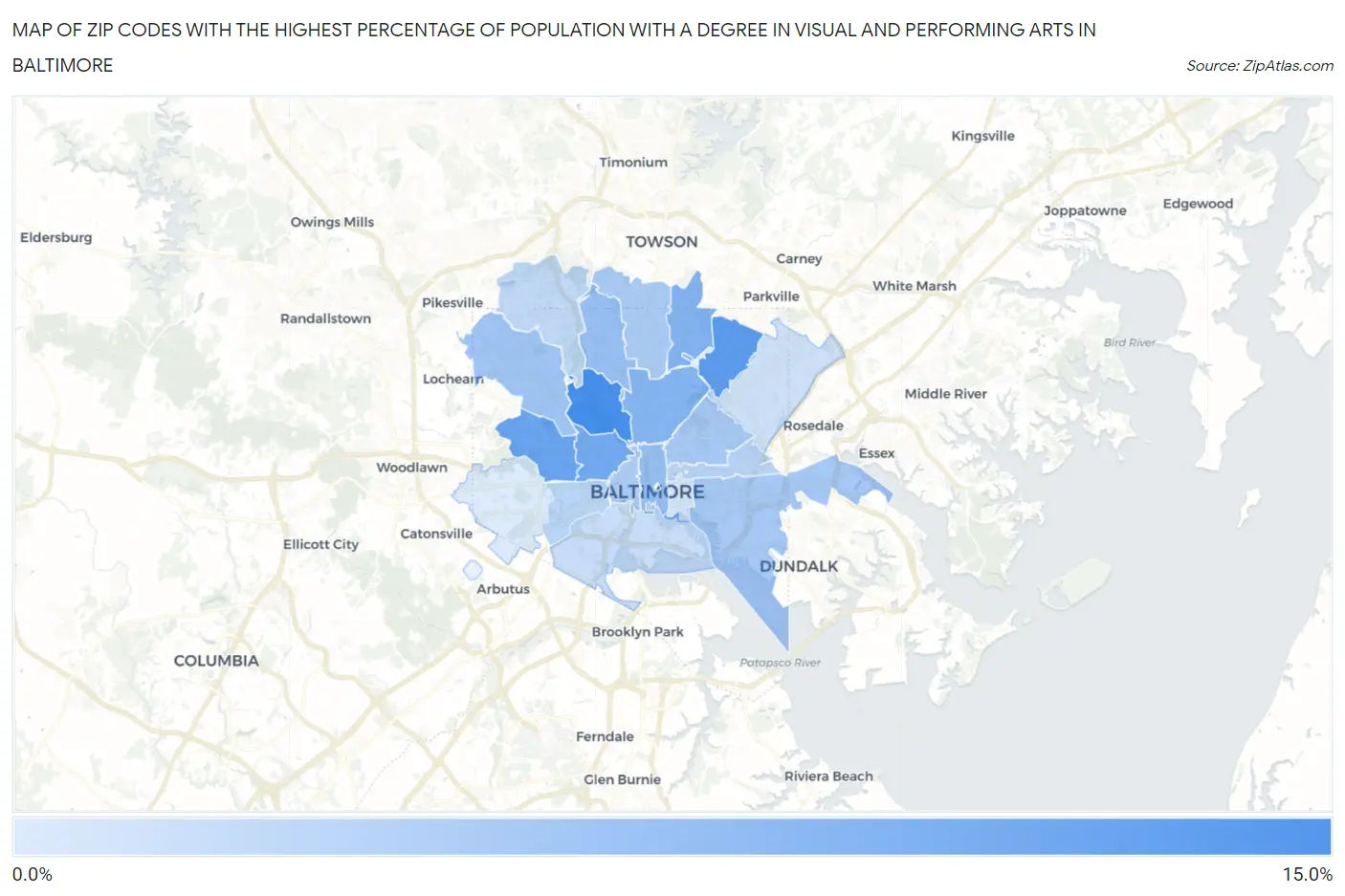 Zip Codes with the Highest Percentage of Population with a Degree in Visual and Performing Arts in Baltimore Map