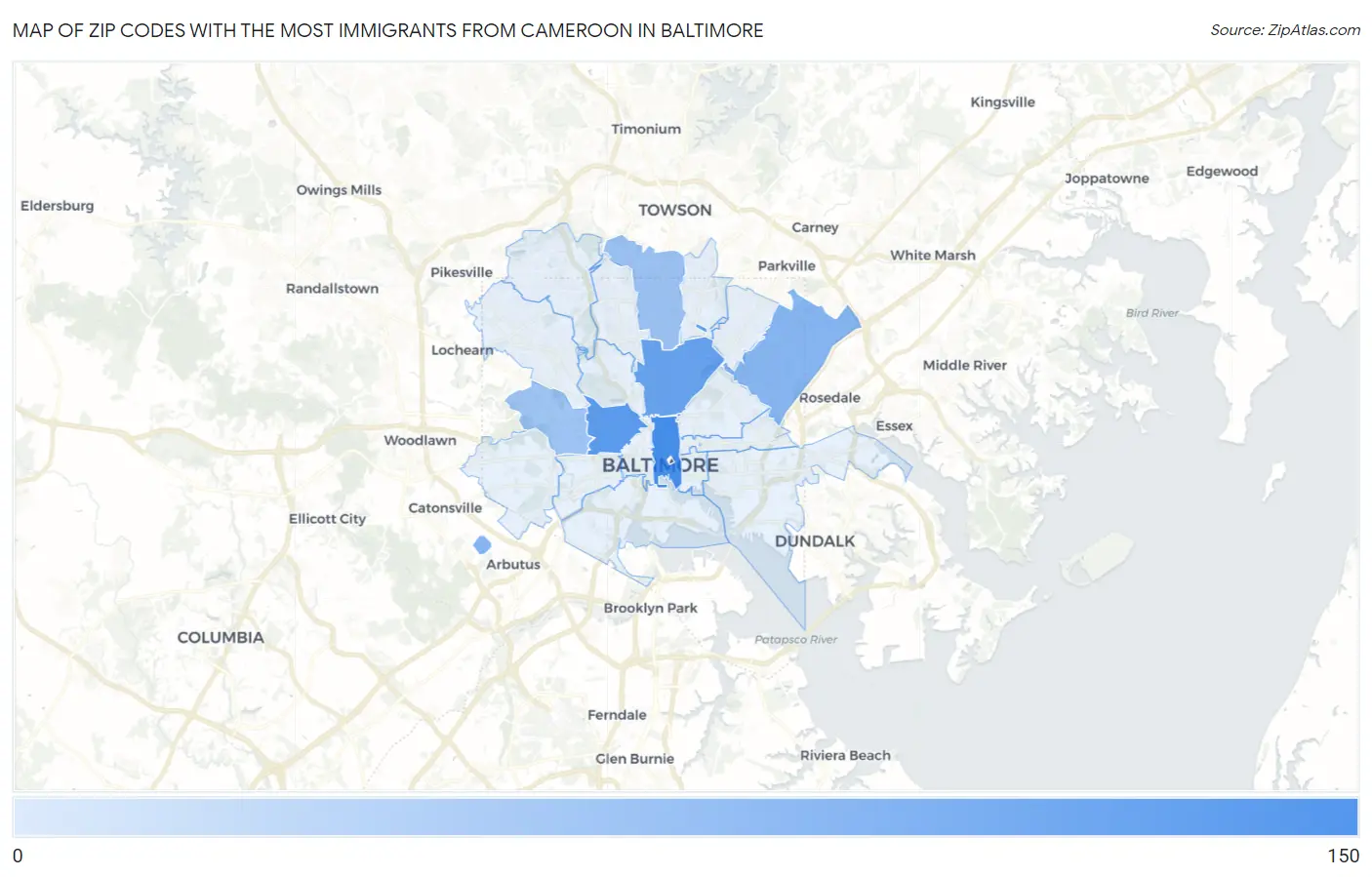 Zip Codes with the Most Immigrants from Cameroon in Baltimore Map