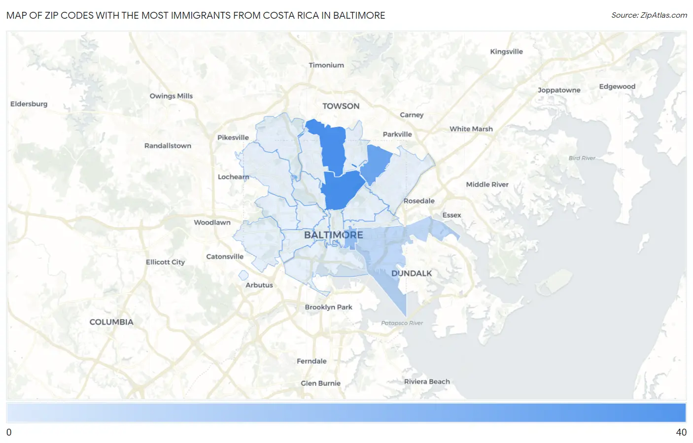 Zip Codes with the Most Immigrants from Costa Rica in Baltimore Map