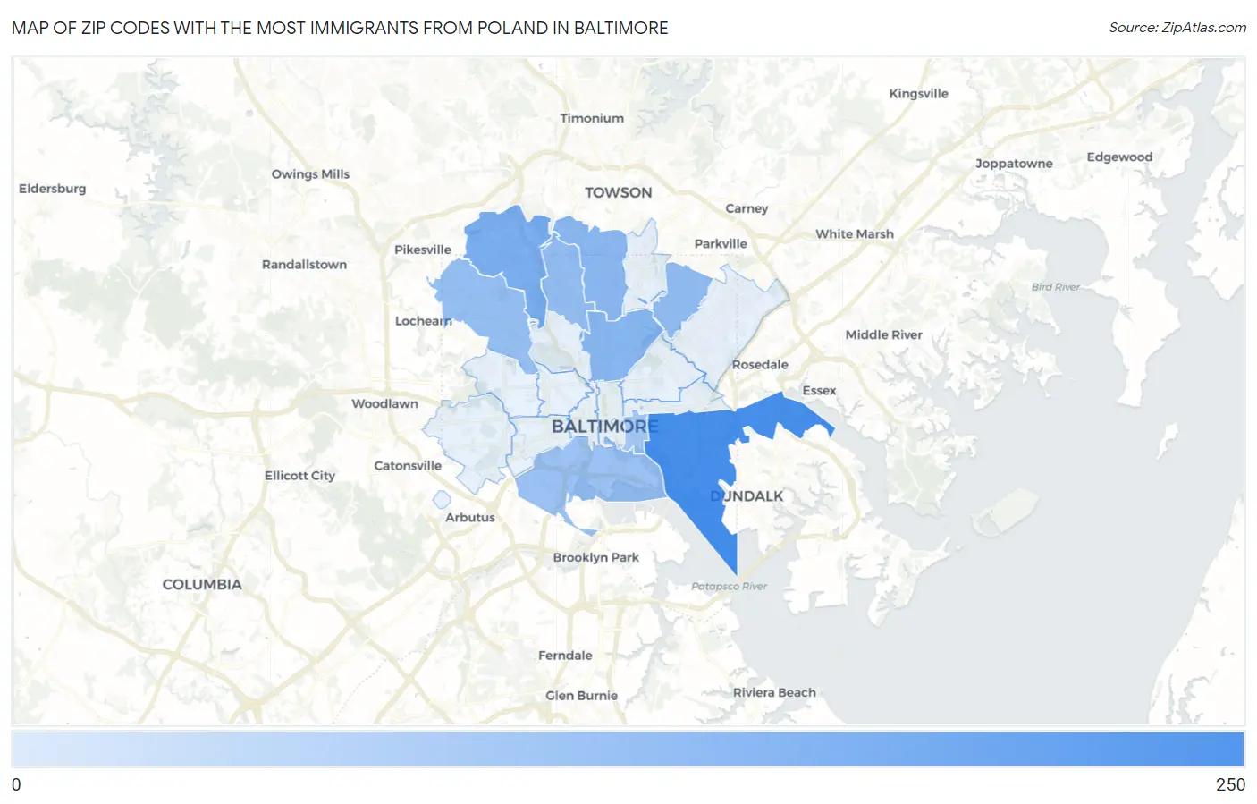 Zip Codes with the Most Immigrants from Poland in Baltimore Map