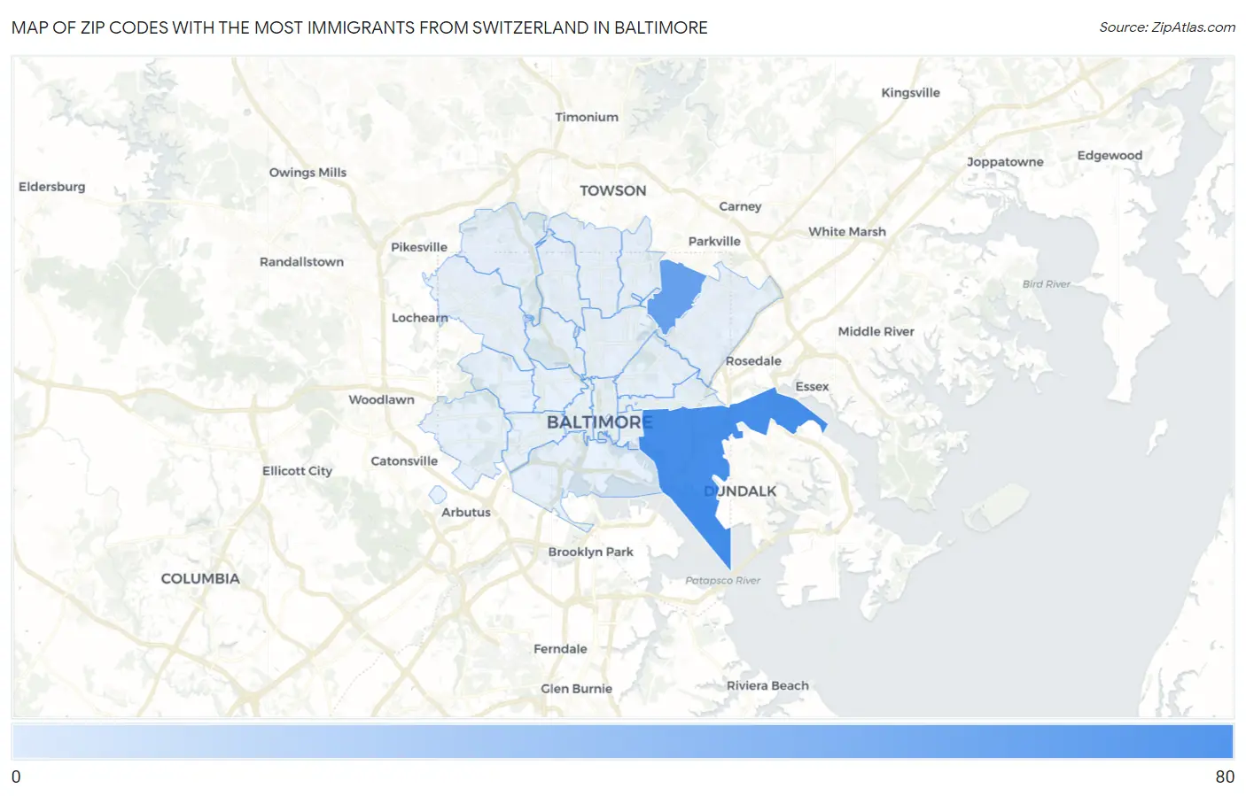 Zip Codes with the Most Immigrants from Switzerland in Baltimore Map