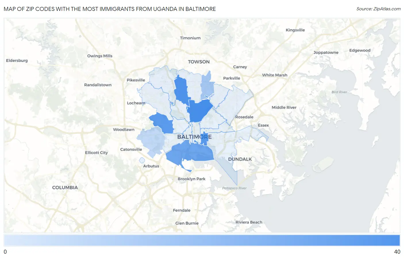 Zip Codes with the Most Immigrants from Uganda in Baltimore Map
