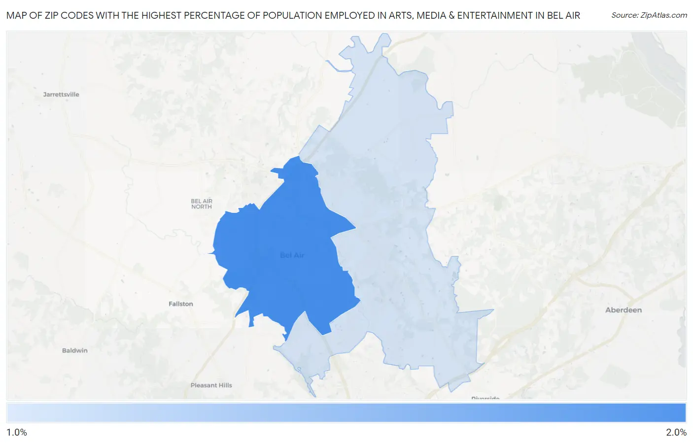 Zip Codes with the Highest Percentage of Population Employed in Arts, Media & Entertainment in Bel Air Map