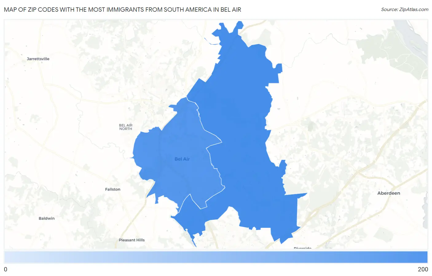 Zip Codes with the Most Immigrants from South America in Bel Air Map