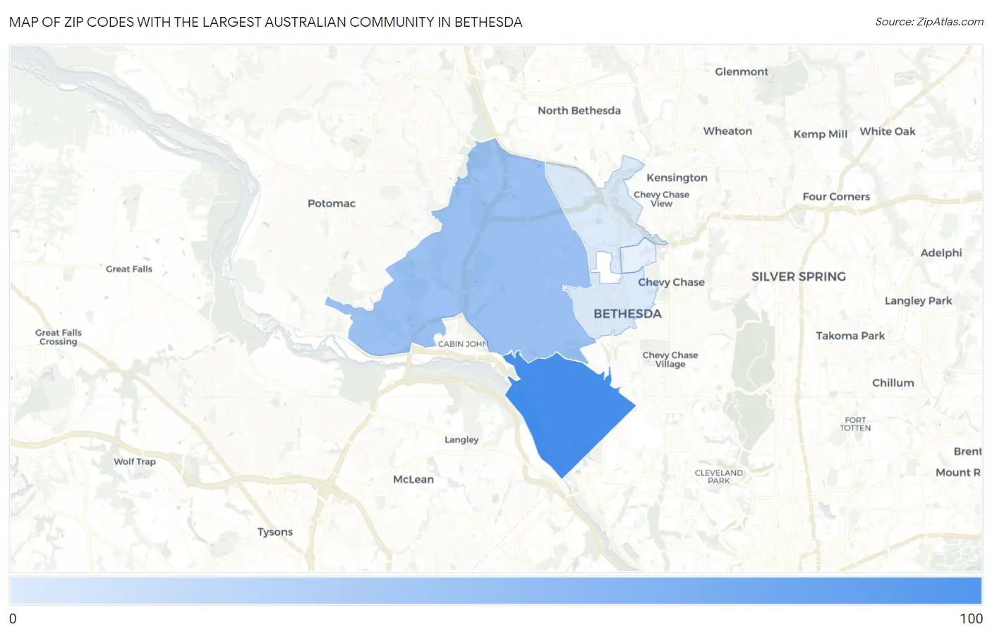 Zip Codes with the Largest Australian Community in Bethesda Map