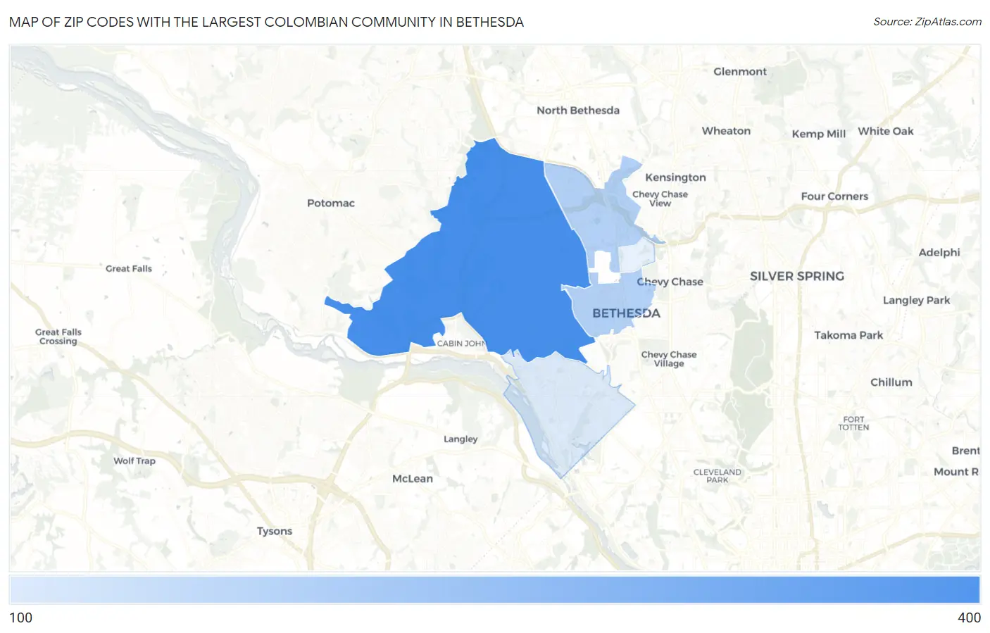 Zip Codes with the Largest Colombian Community in Bethesda Map