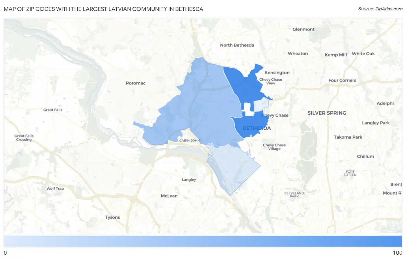 Zip Codes with the Largest Latvian Community in Bethesda Map