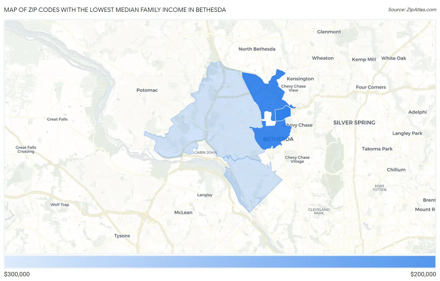 Zip Codes with the Lowest Median Family Income in Bethesda Map