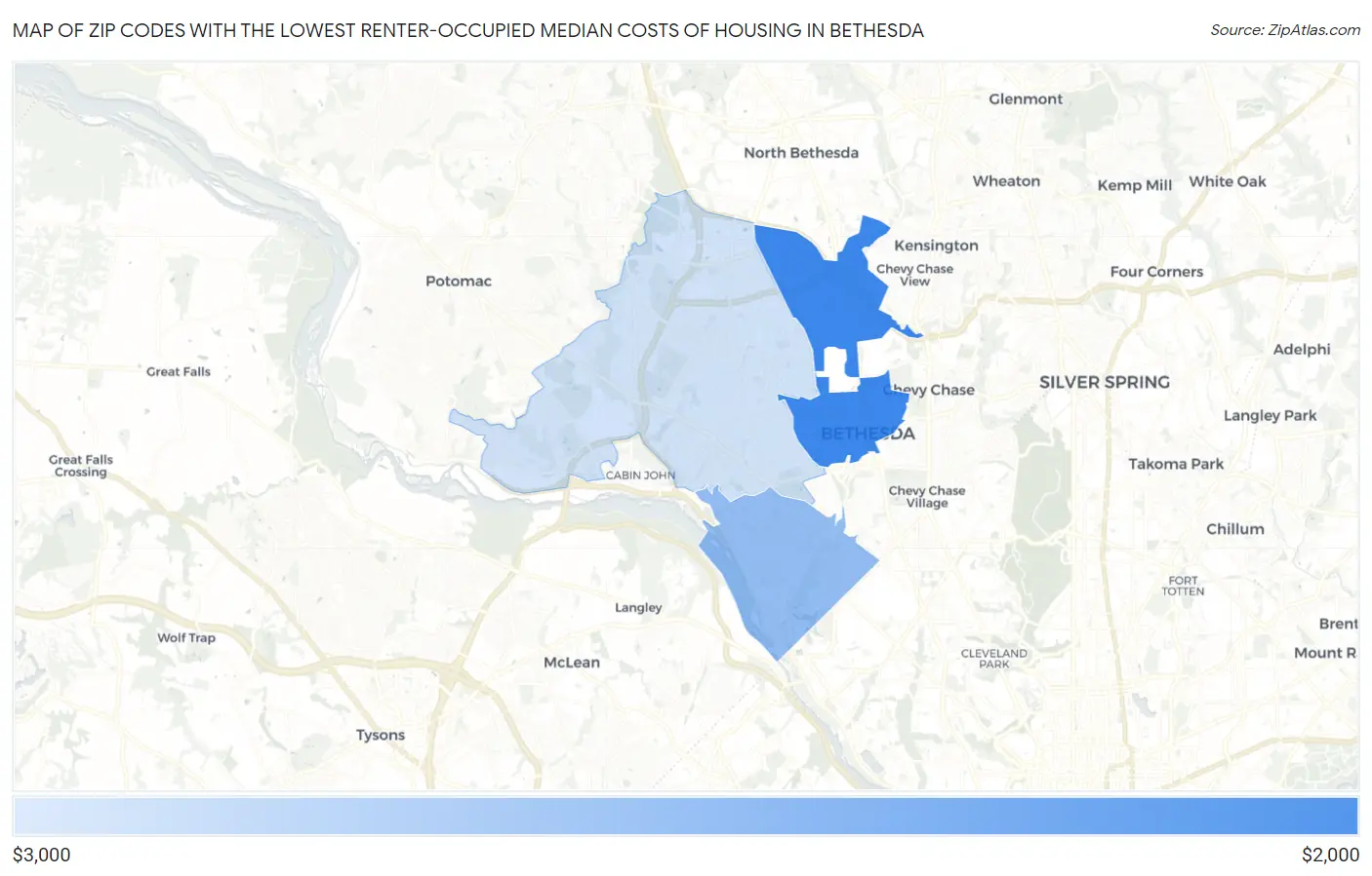 Zip Codes with the Lowest Renter-Occupied Median Costs of Housing in Bethesda Map
