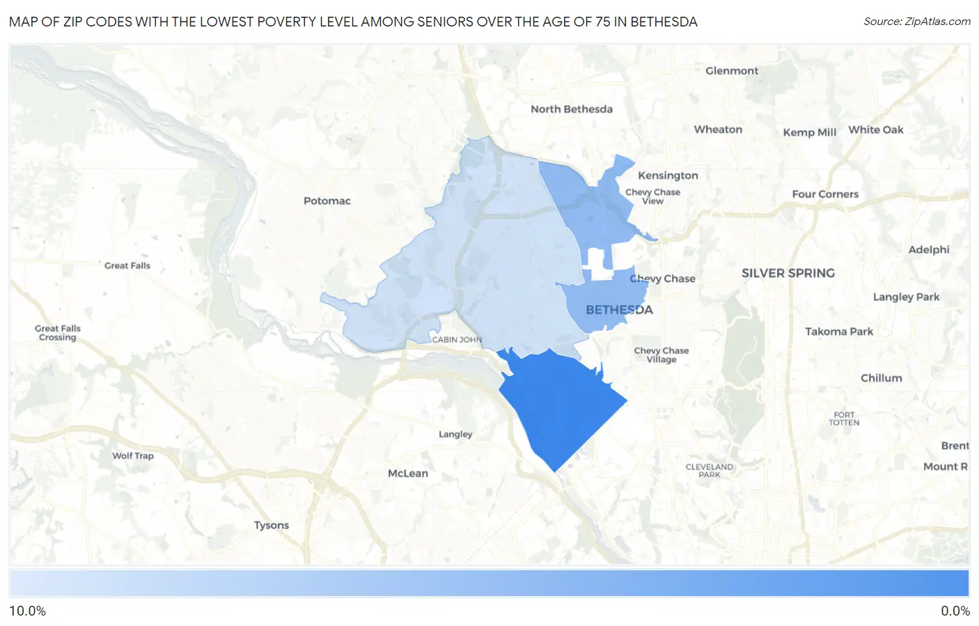 Zip Codes with the Lowest Poverty Level Among Seniors Over the Age of 75 in Bethesda Map
