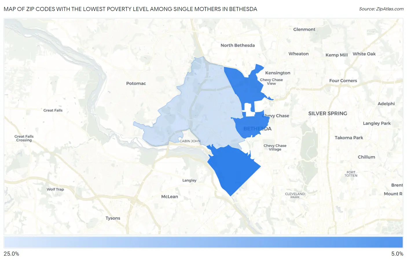 Zip Codes with the Lowest Poverty Level Among Single Mothers in Bethesda Map