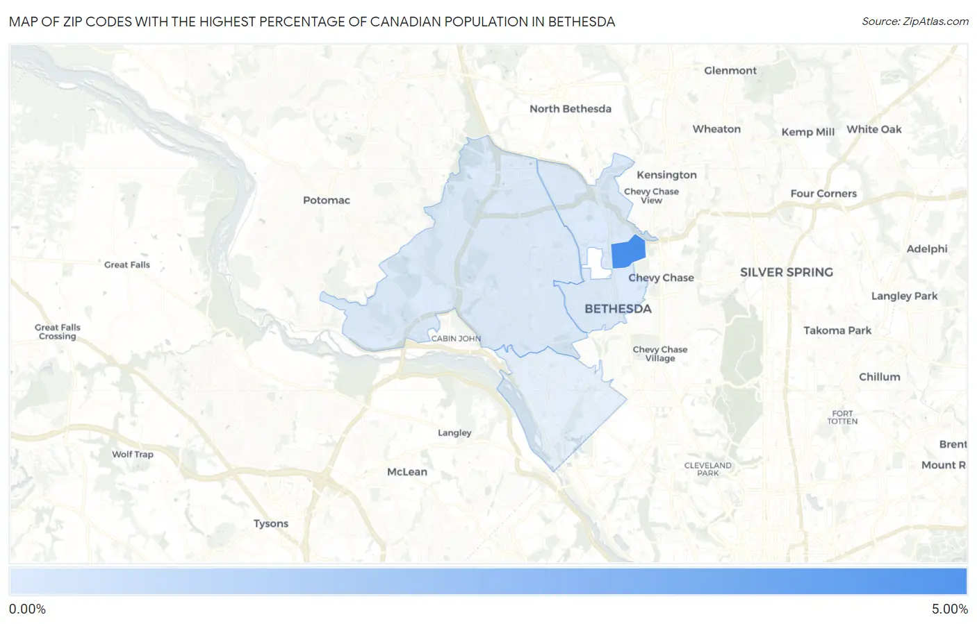 Zip Codes with the Highest Percentage of Canadian Population in Bethesda Map