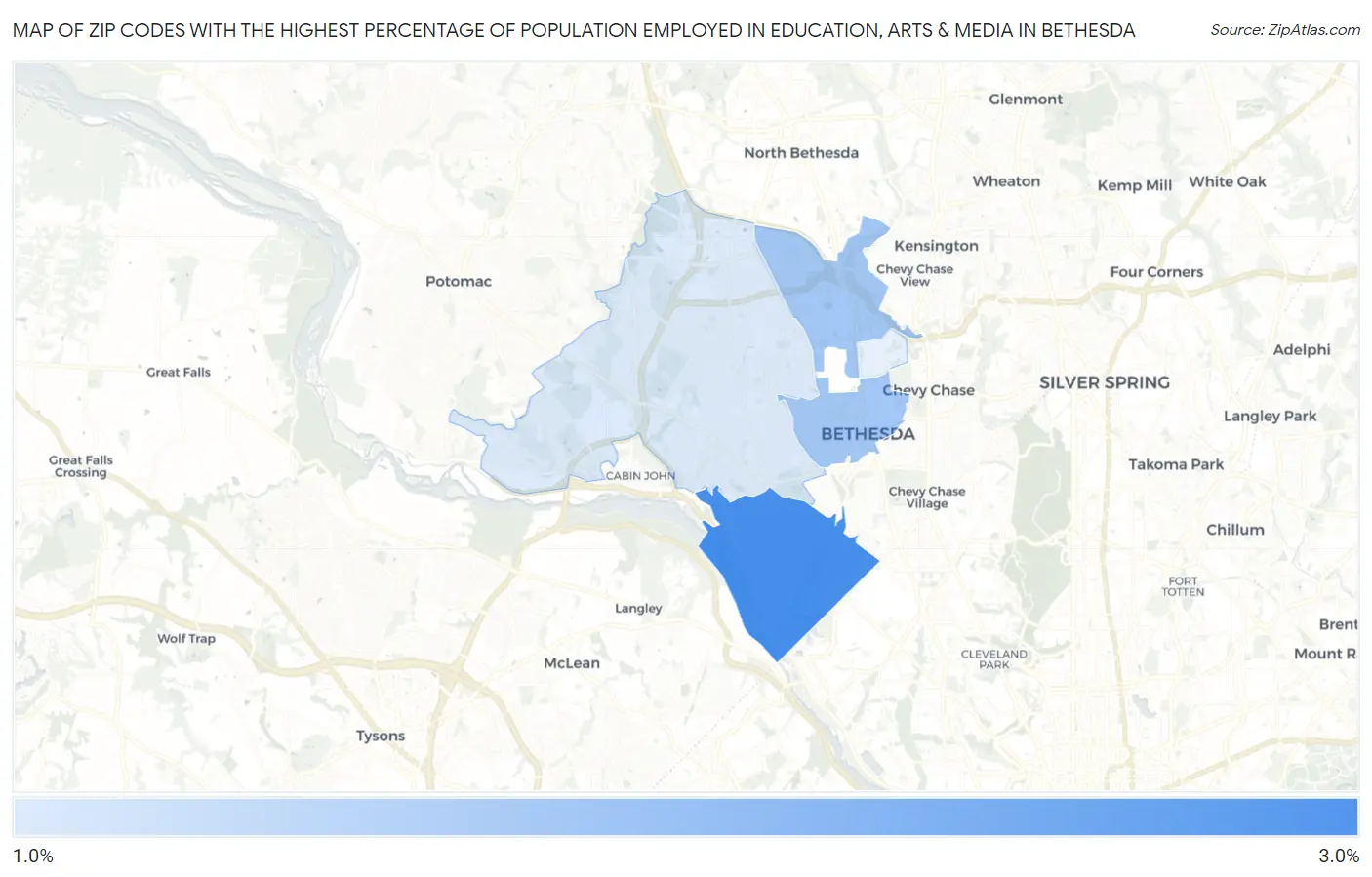 Zip Codes with the Highest Percentage of Population Employed in Education, Arts & Media in Bethesda Map